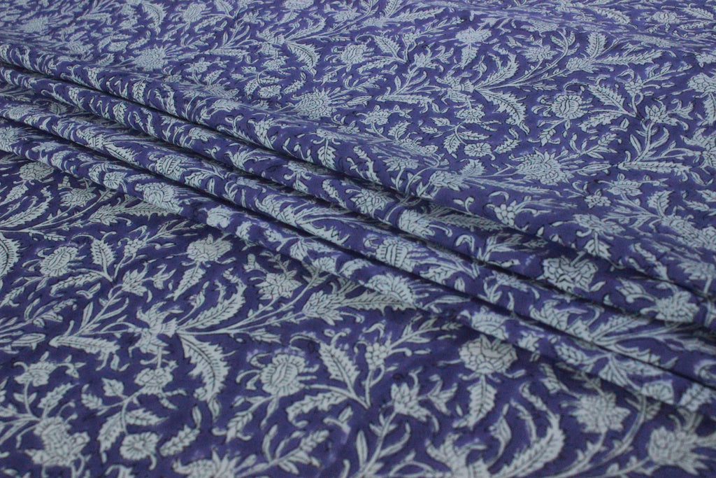 Purple Floral Cotton Fabric: Hand Block Print Indian Fabric by the Yard