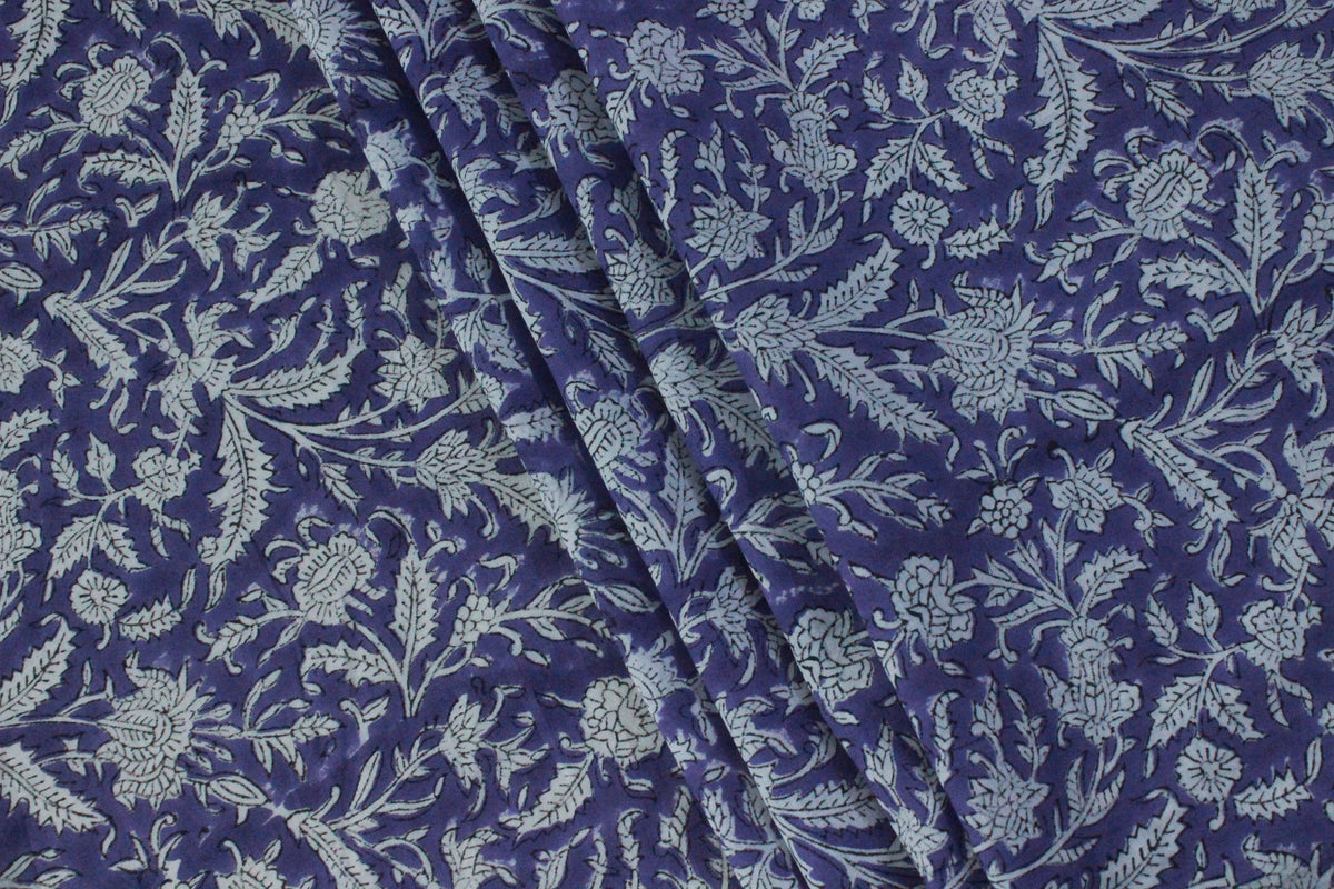Purple Floral Cotton Fabric: Hand Block Print Indian Fabric by the Yard