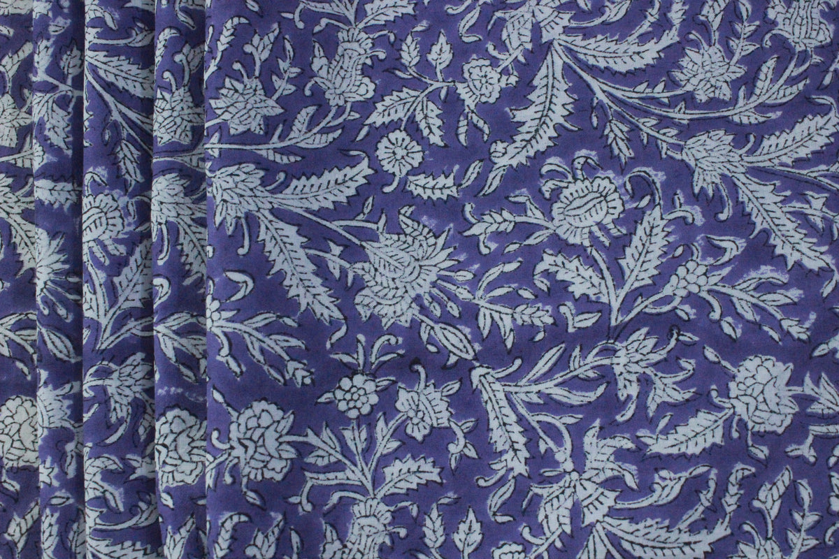 Purple Floral Cotton Fabric: Hand Block Print Indian Fabric by the Yard