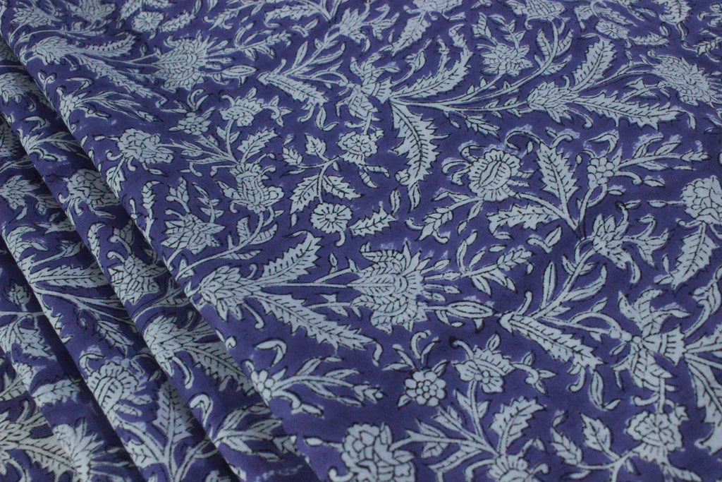 Purple Floral Cotton Fabric: Hand Block Print Indian Fabric by the Yard