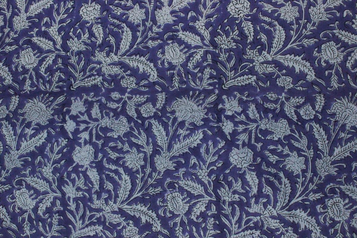 Purple Floral Cotton Fabric: Hand Block Print Indian Fabric by the Yard
