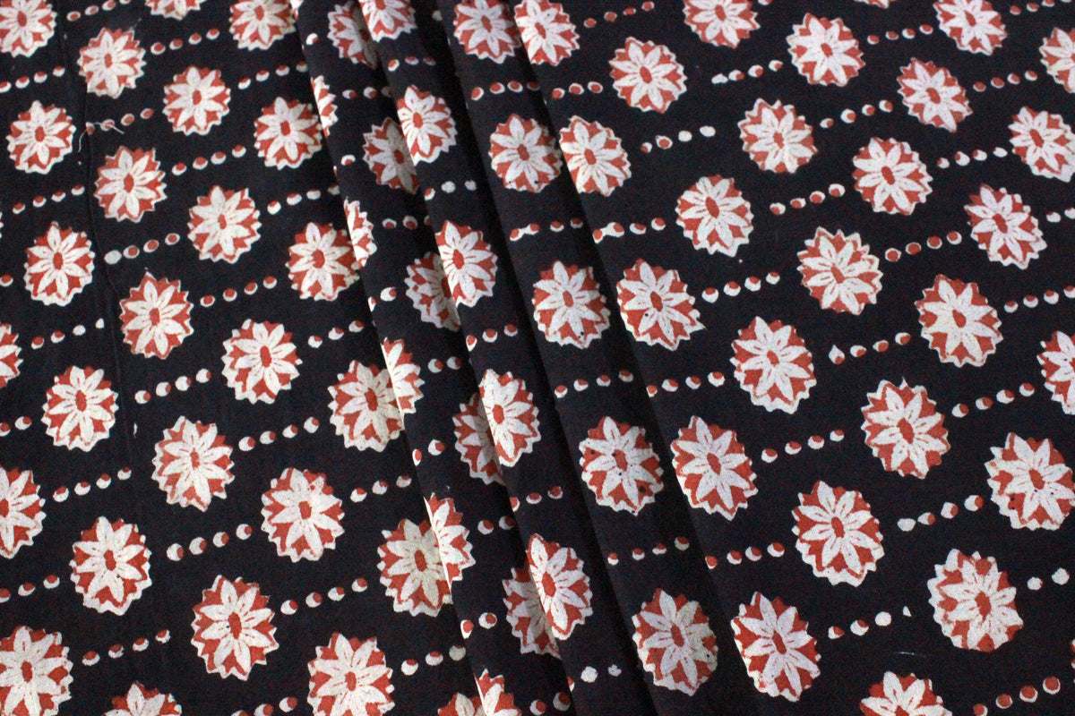 Hand Block Print Indian Cotton Fabric: Black and Red Floral