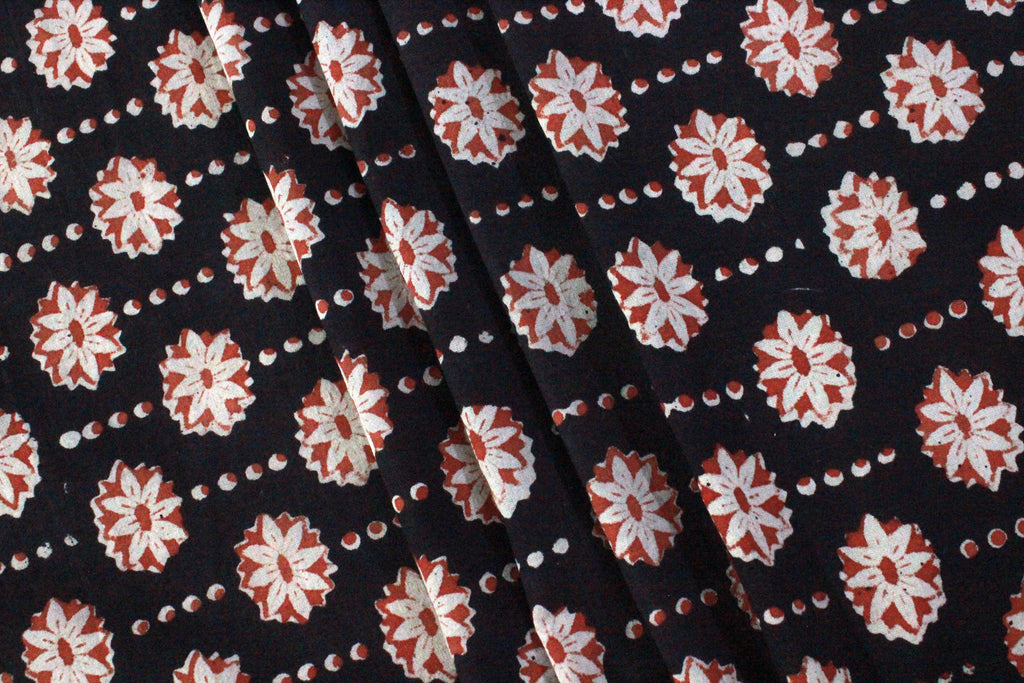 Hand Block Print Indian Cotton Fabric: Black and Red Floral