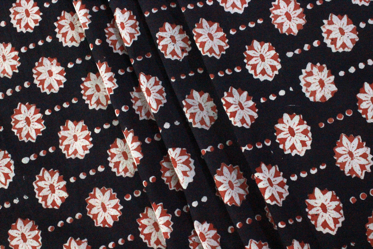 Hand Block Print Indian Cotton Fabric: Black and Red Floral