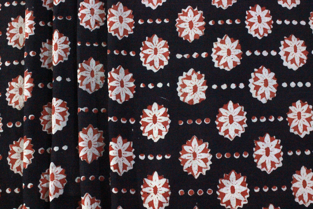 Hand Block Print Indian Cotton Fabric: Black and Red Floral