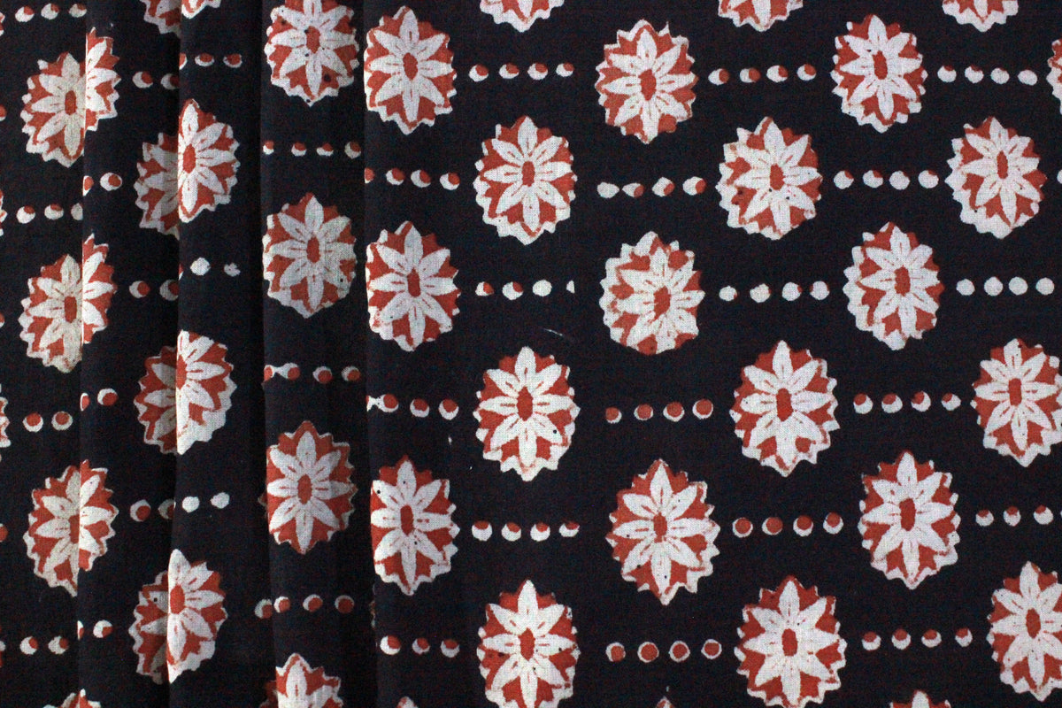 Hand Block Print Indian Cotton Fabric: Black and Red Floral