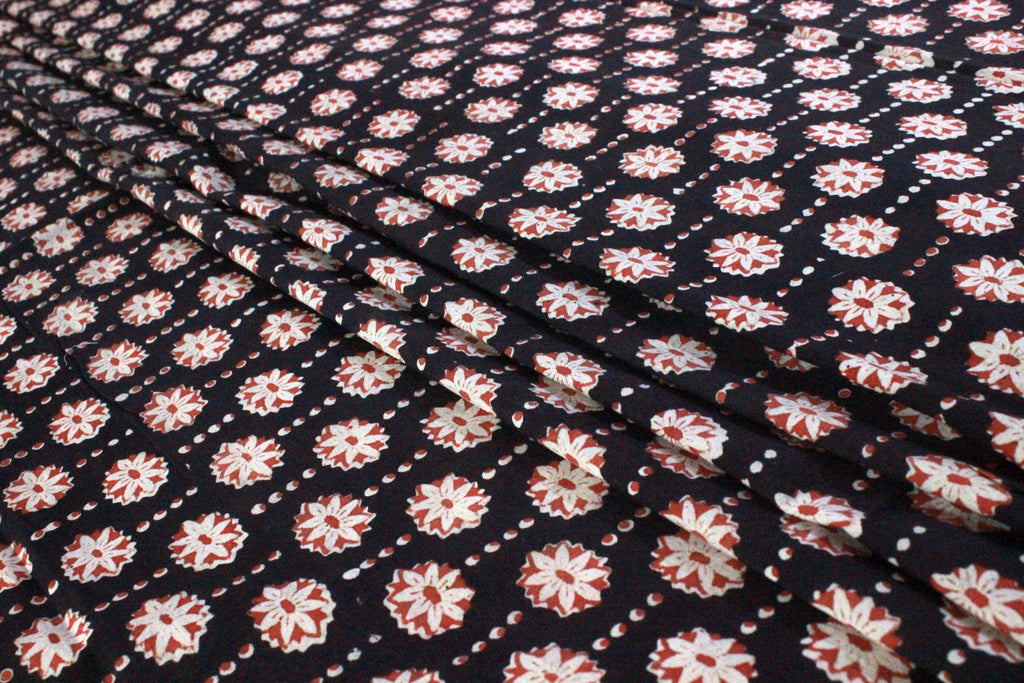 Hand Block Print Indian Cotton Fabric: Black and Red Floral