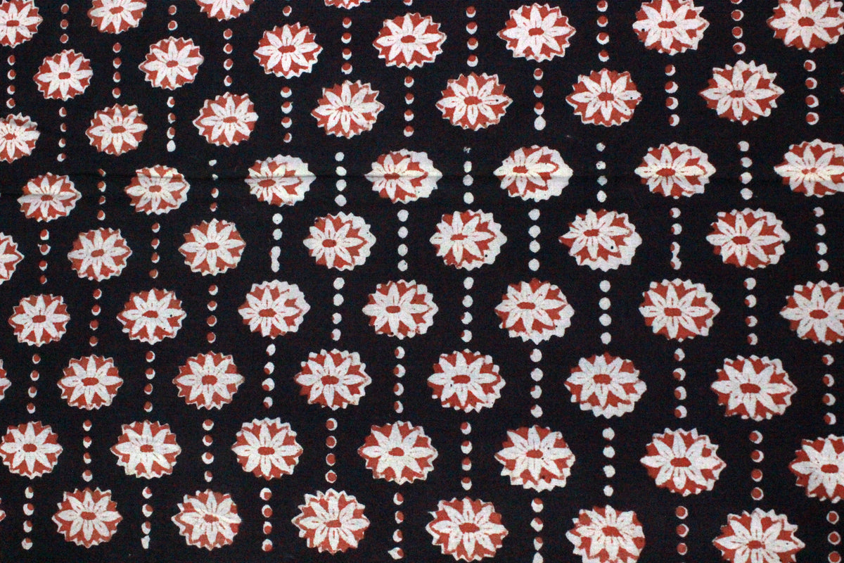 Hand Block Print Indian Cotton Fabric: Black and Red Floral