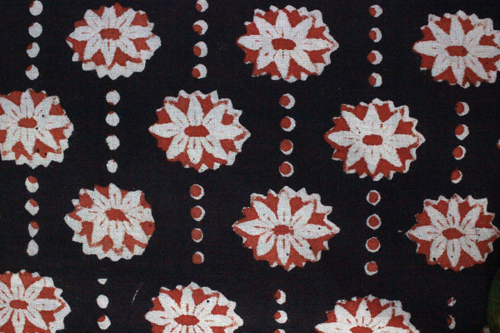 Hand Block Print Indian Cotton Fabric: Black and Red Floral