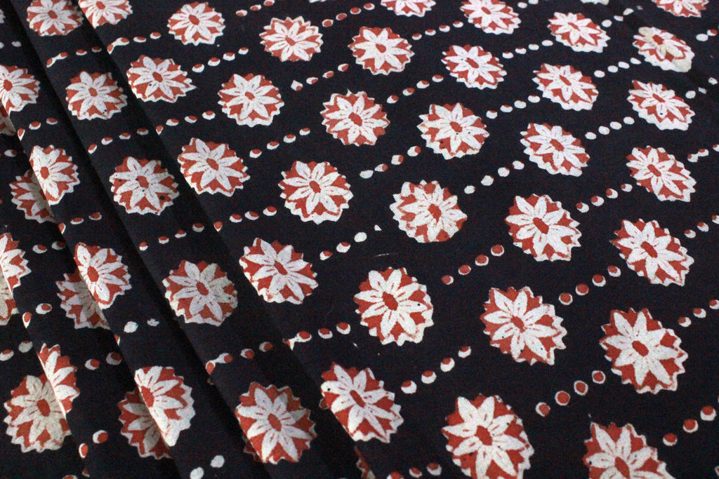 Hand Block Print Indian Cotton Fabric: Black and Red Floral