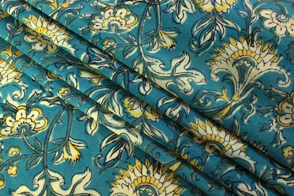 Blue Floral Cotton Fabric: Hand Block Print Indian Fabric by the Yard