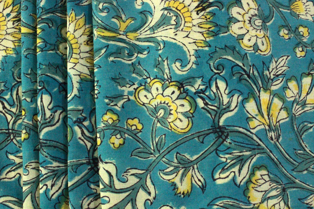 Blue Floral Cotton Fabric: Hand Block Print Indian Fabric by the Yard
