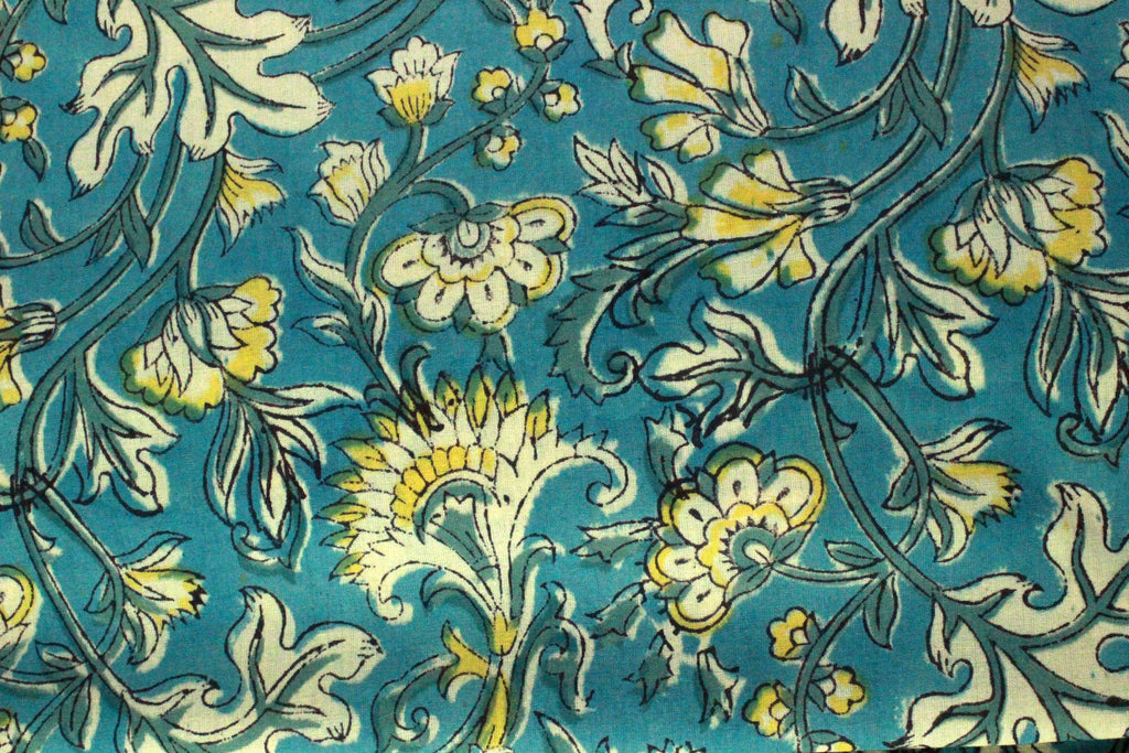 Blue Floral Cotton Fabric: Hand Block Print Indian Fabric by the Yard