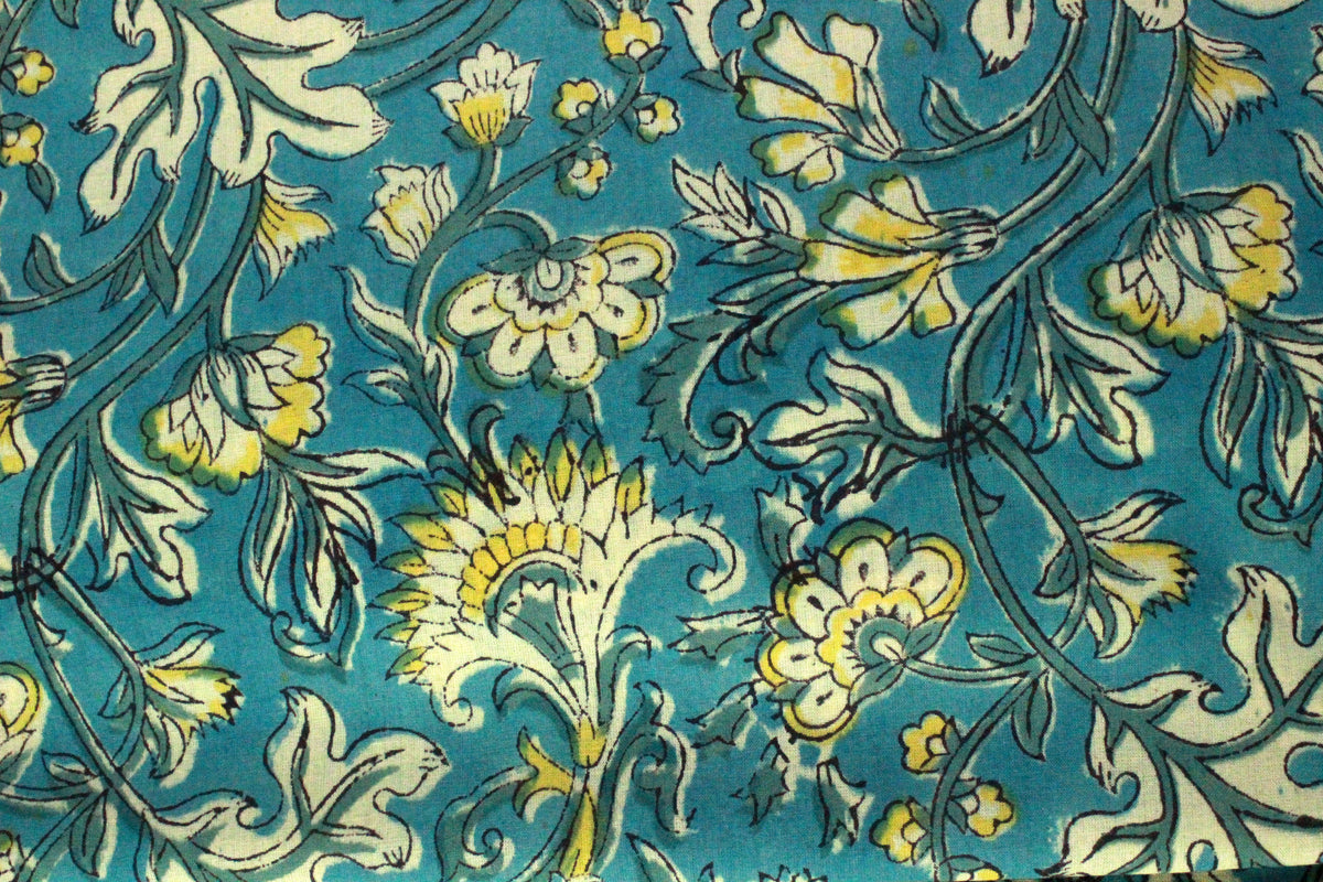 Blue Floral Cotton Fabric: Hand Block Print Indian Fabric by the Yard