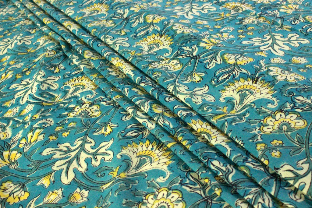 Blue Floral Cotton Fabric: Hand Block Print Indian Fabric by the Yard