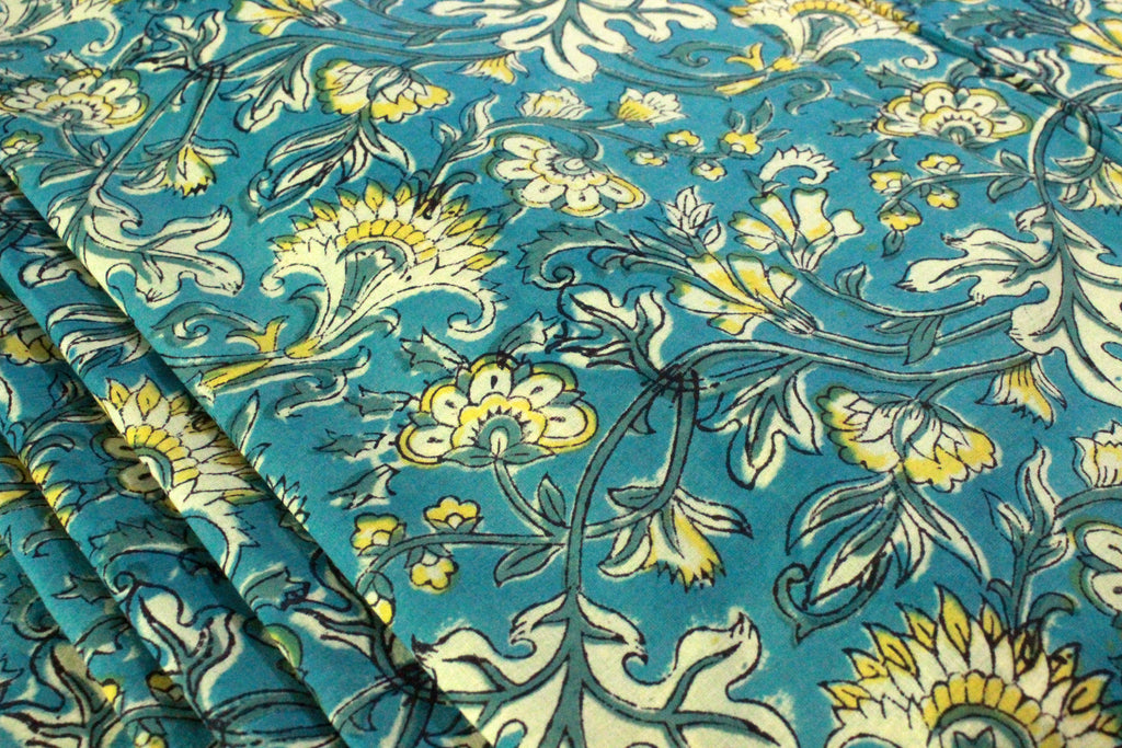 Blue Floral Cotton Fabric: Hand Block Print Indian Fabric by the Yard