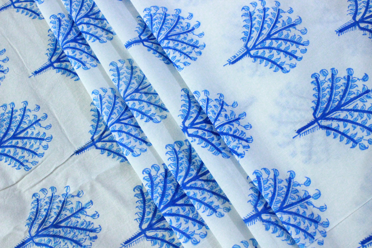 Blue Floral Fabric: Hand Block Print Cotton, Indian Mughal Design