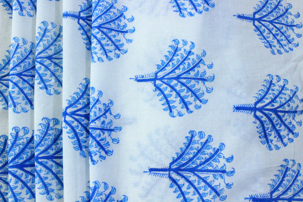 Blue Floral Fabric: Hand Block Print Cotton, Indian Mughal Design