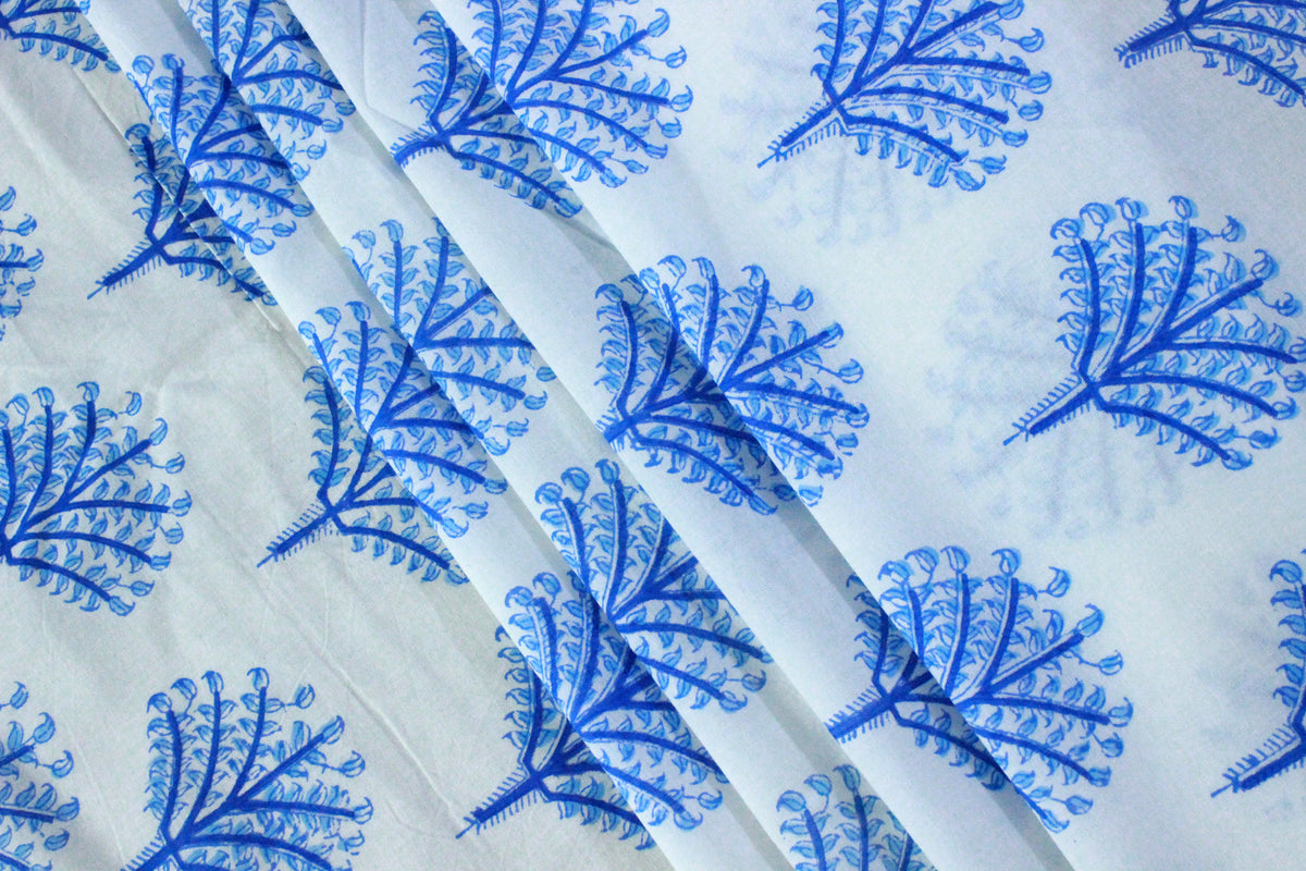 Blue Floral Fabric: Hand Block Print Cotton, Indian Mughal Design