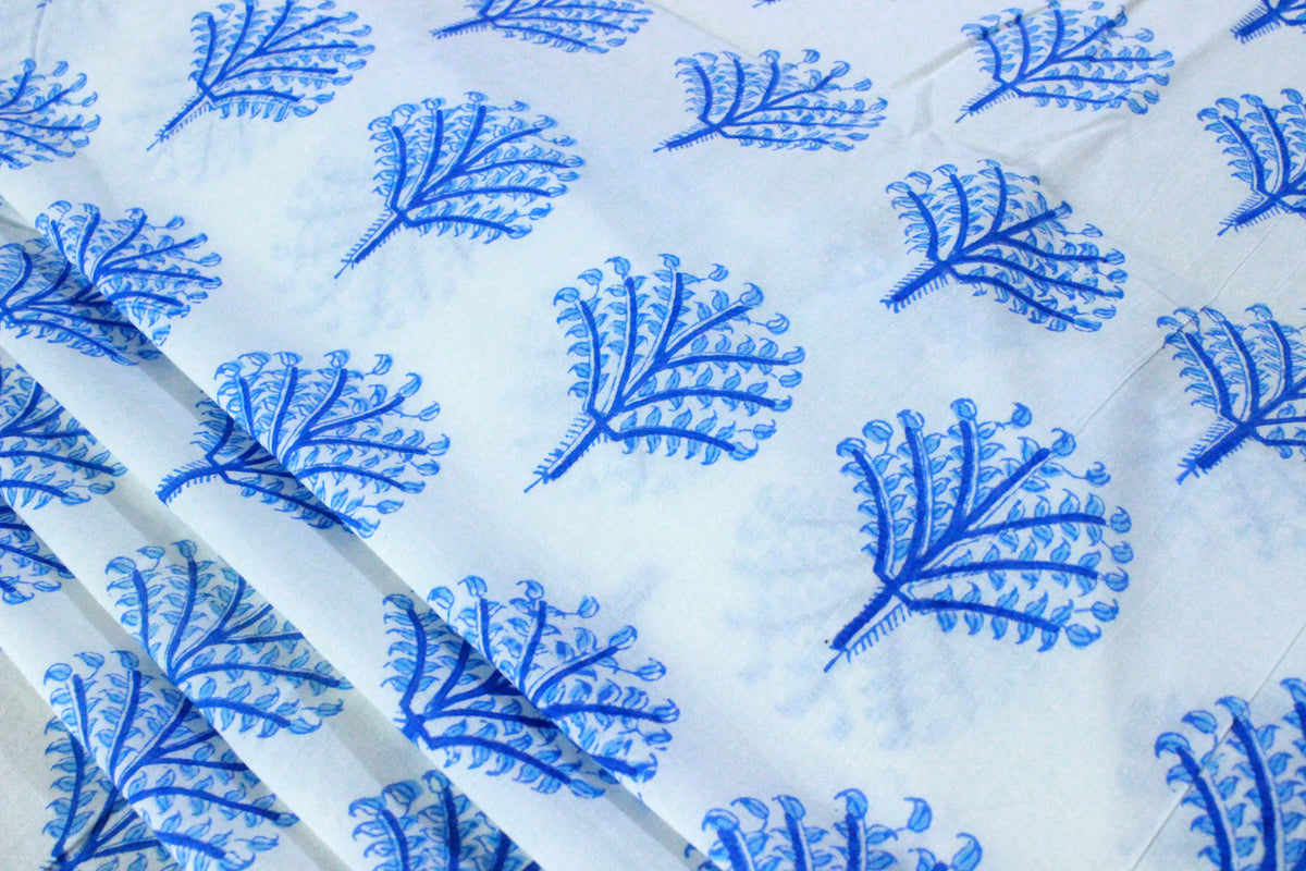 Blue Floral Fabric: Hand Block Print Cotton, Indian Mughal Design