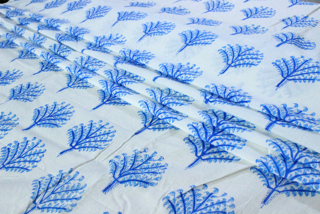 Blue Floral Fabric: Hand Block Print Cotton, Indian Mughal Design