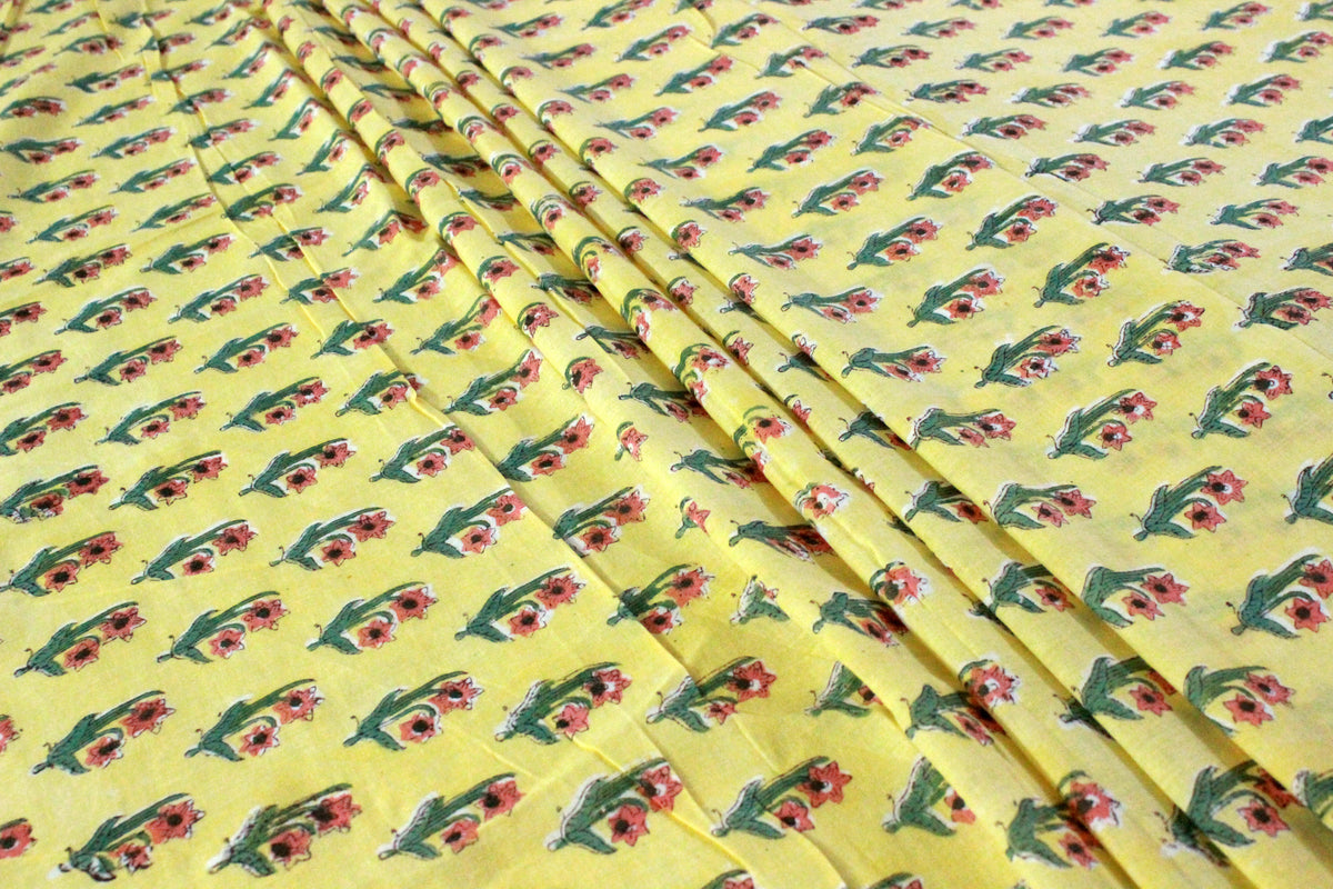 Floral Cotton Fabric: Yellow & Red Hand Block Print, Indian Fabric By The Yard