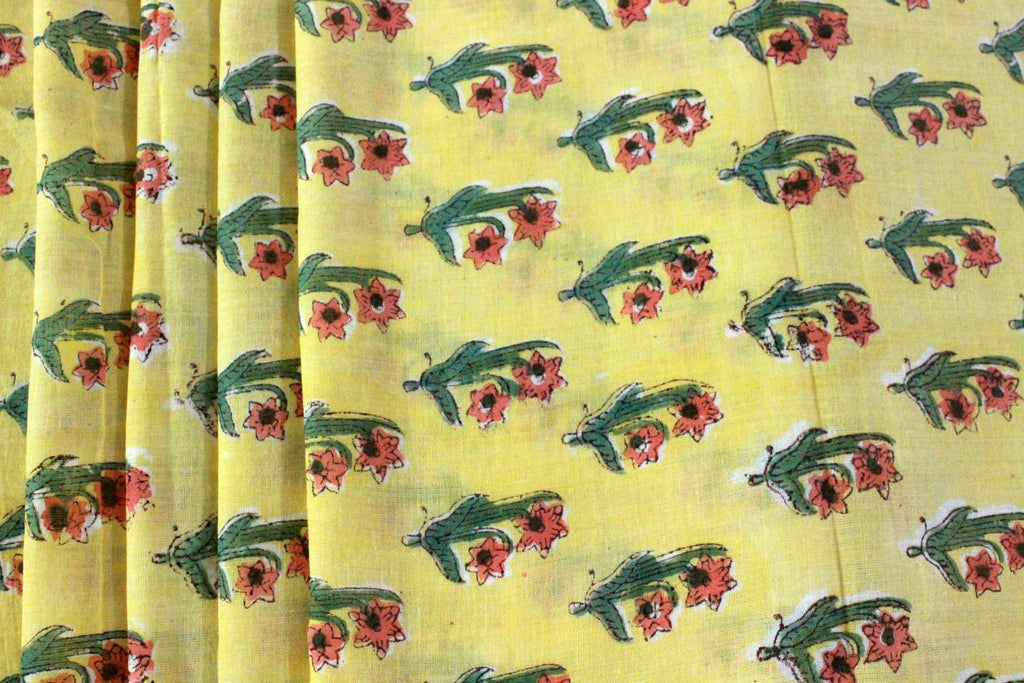 Floral Cotton Fabric: Yellow & Red Hand Block Print, Indian Fabric By The Yard