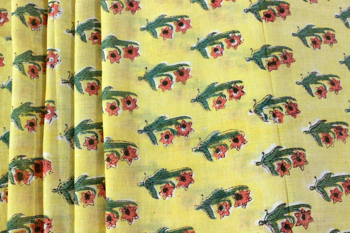 Floral Cotton Fabric: Yellow & Red Hand Block Print, Indian Fabric By The Yard
