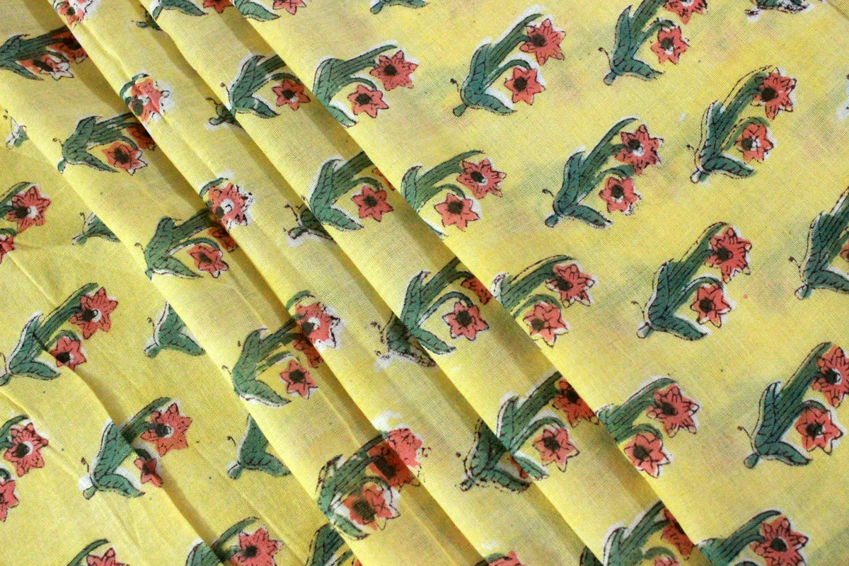 Floral Cotton Fabric: Yellow & Red Hand Block Print, Indian Fabric By The Yard