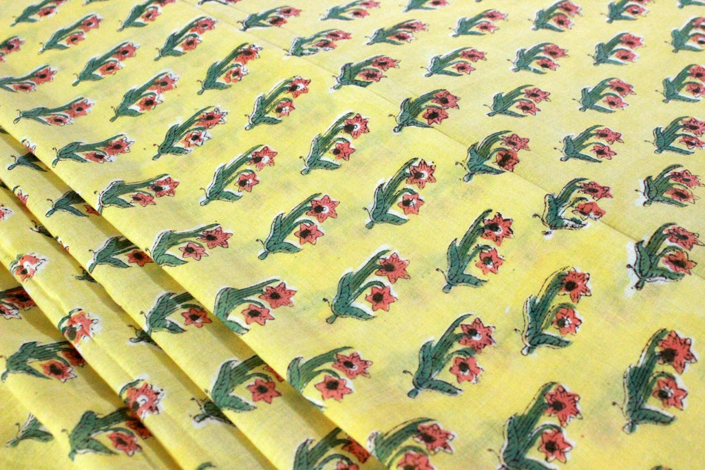 Floral Cotton Fabric: Yellow & Red Hand Block Print, Indian Fabric By The Yard