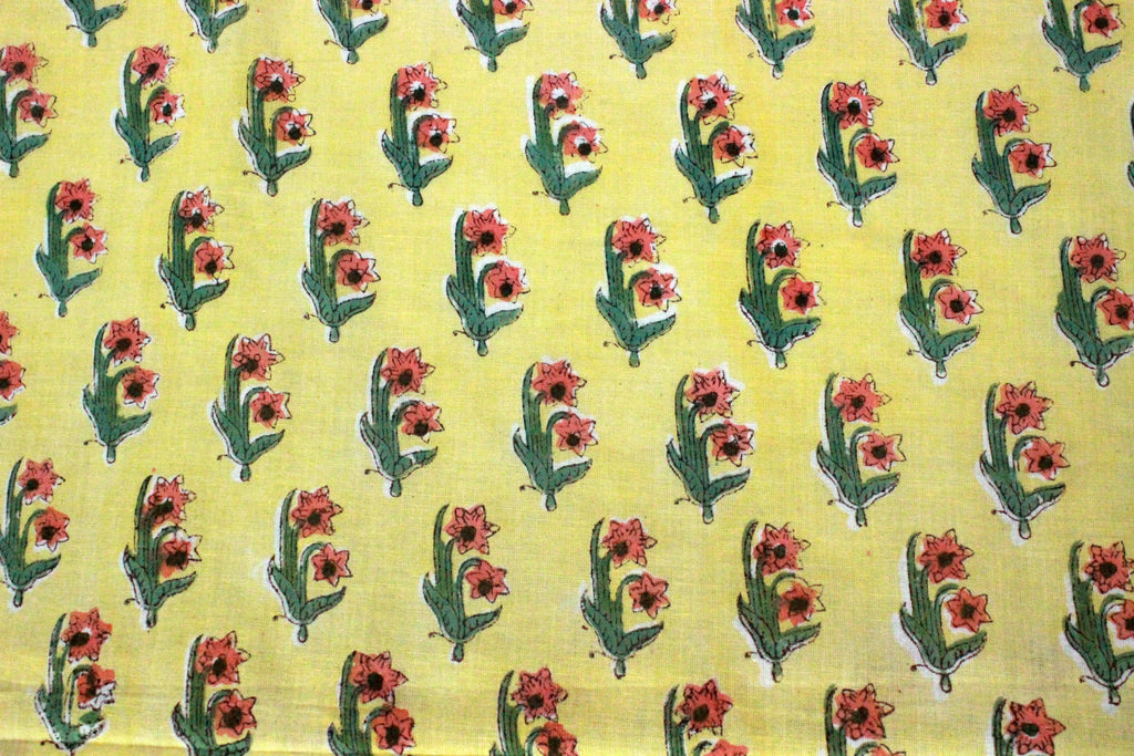 Floral Cotton Fabric: Yellow & Red Hand Block Print, Indian Fabric By The Yard