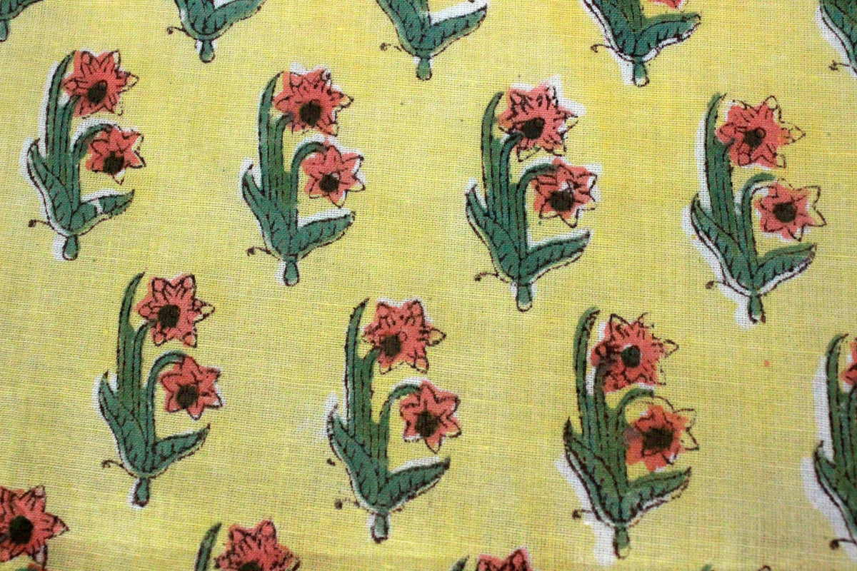 Floral Cotton Fabric: Yellow & Red Hand Block Print, Indian Fabric By The Yard