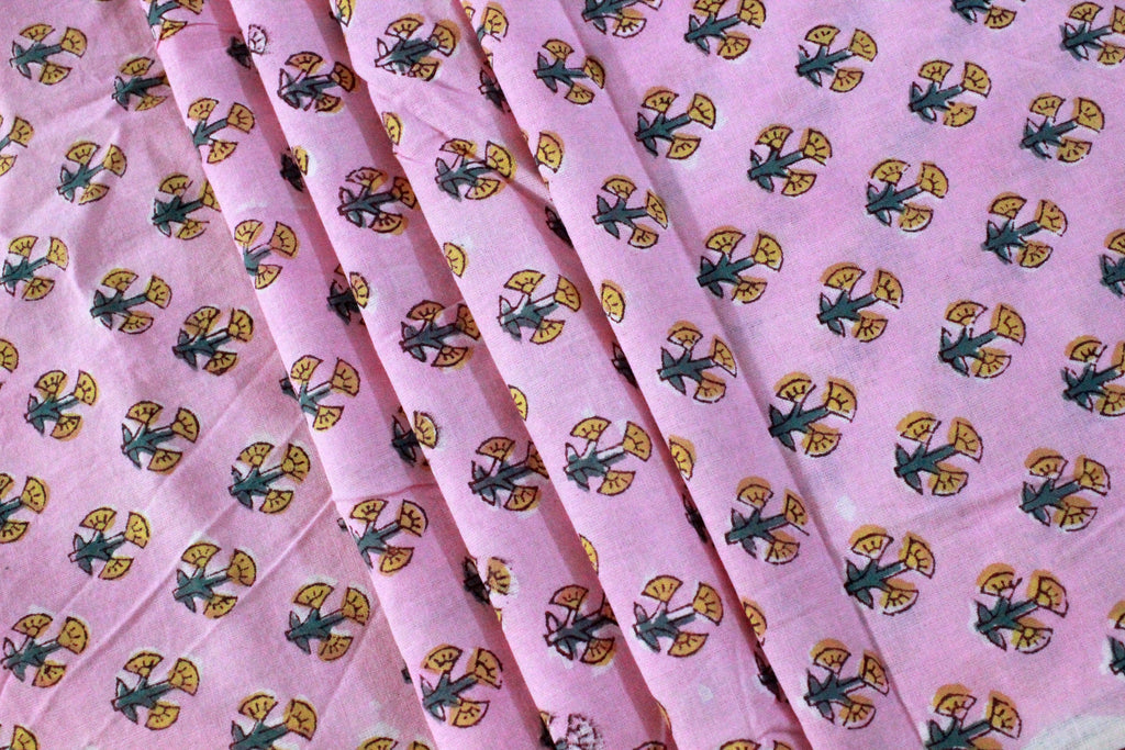 Pink Floral Cotton Fabric: Hand Block Print Indian Fabric by the Yard