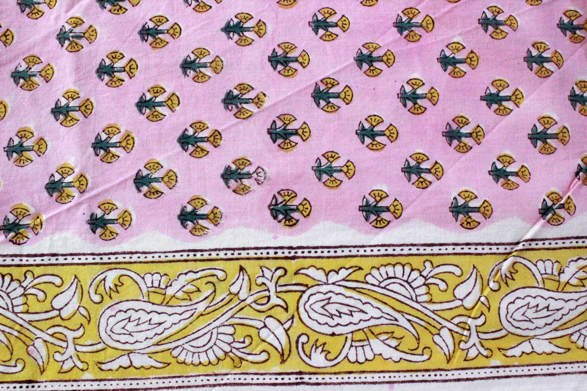 Pink Floral Cotton Fabric: Hand Block Print Indian Fabric by the Yard