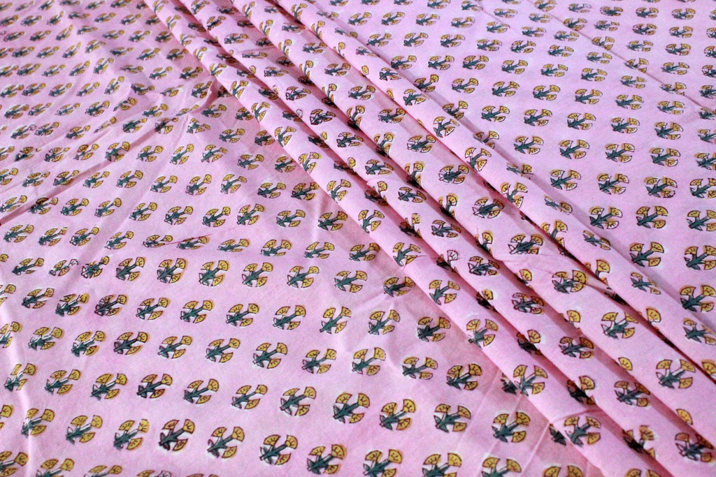 Pink Floral Cotton Fabric: Hand Block Print Indian Fabric by the Yard