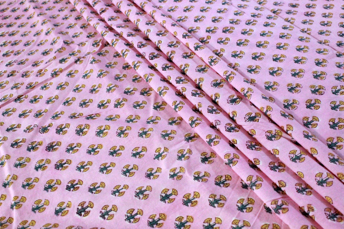 Pink Floral Cotton Fabric: Hand Block Print Indian Fabric by the Yard