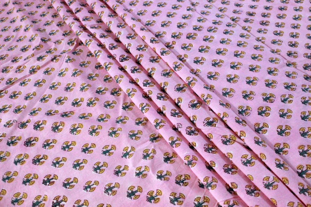 Pink Floral Cotton Fabric: Hand Block Print Indian Fabric by the Yard
