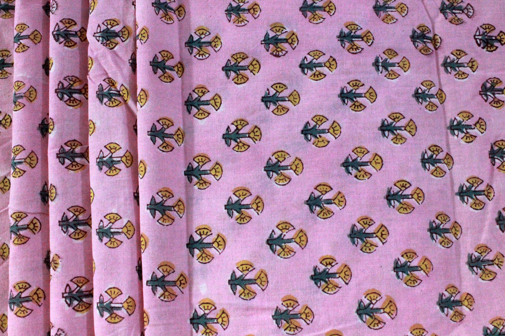 Pink Floral Cotton Fabric: Hand Block Print Indian Fabric by the Yard