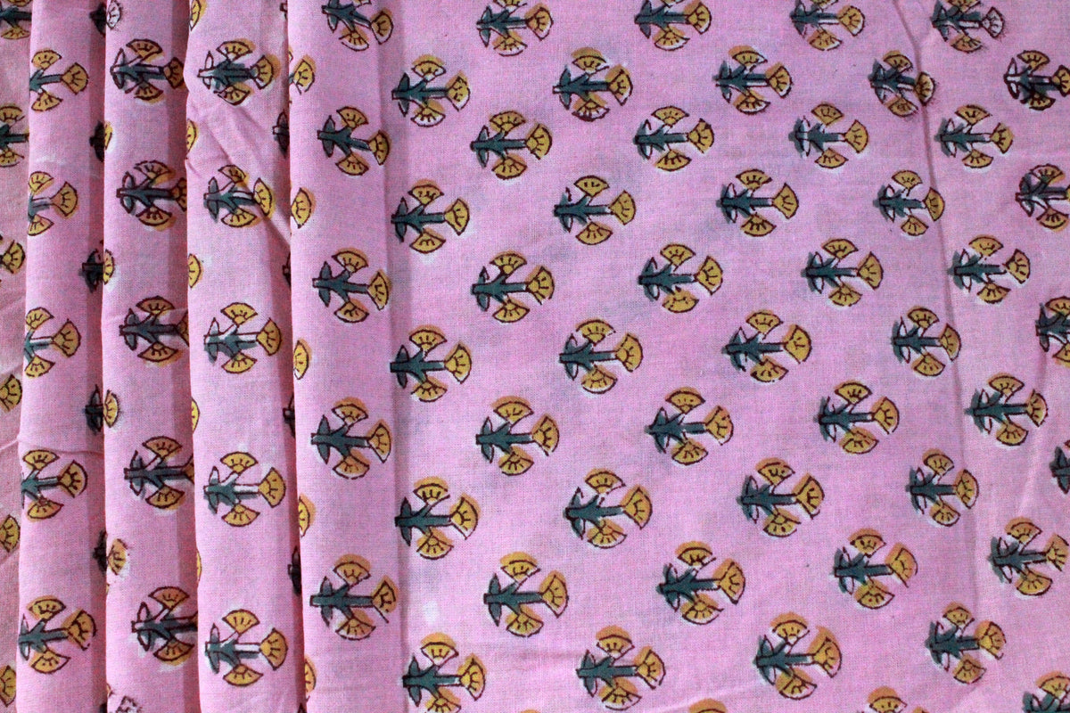 Pink Floral Cotton Fabric: Hand Block Print Indian Fabric by the Yard