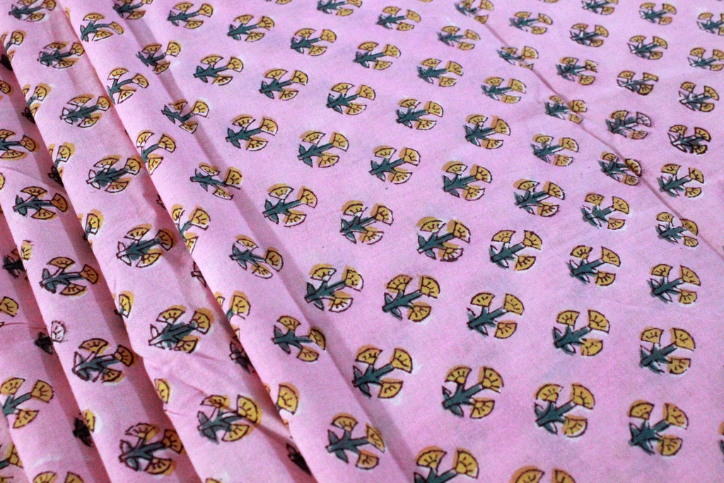 Pink Floral Cotton Fabric: Hand Block Print Indian Fabric by the Yard