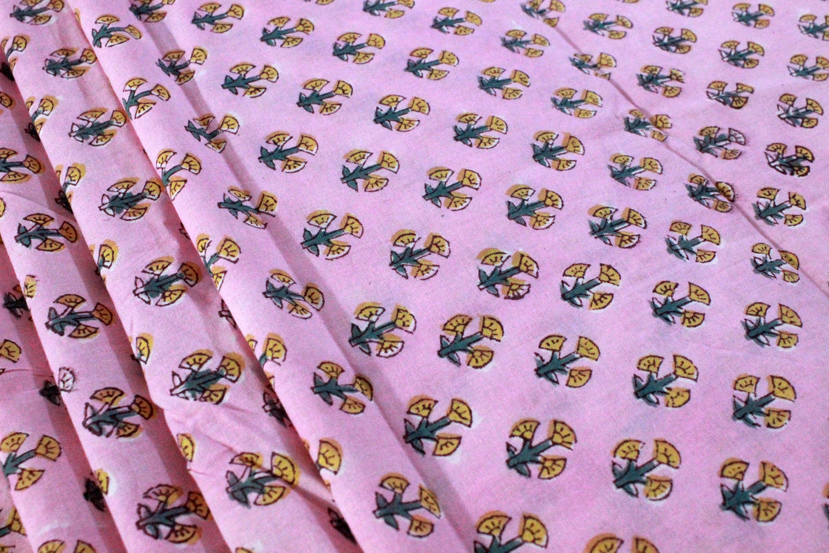 Pink Floral Cotton Fabric: Hand Block Print Indian Fabric by the Yard