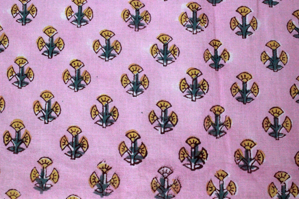 Pink Floral Cotton Fabric: Hand Block Print Indian Fabric by the Yard