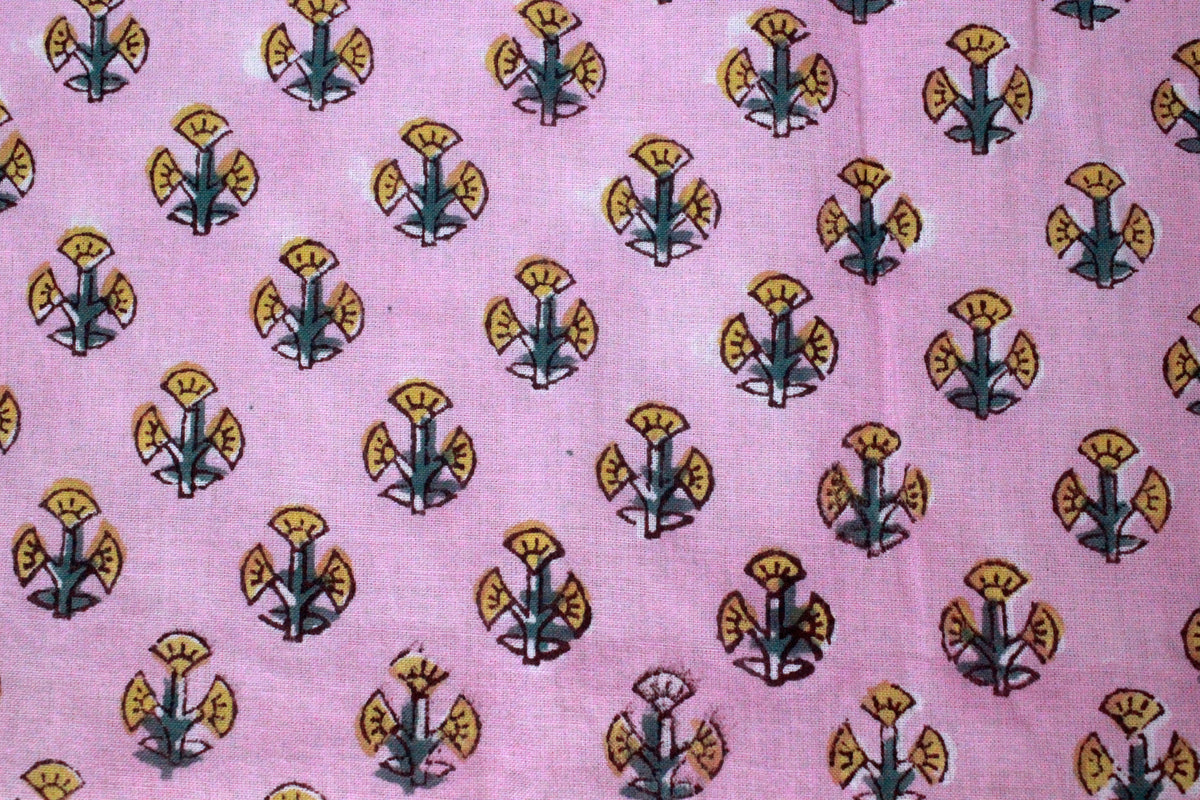 Pink Floral Cotton Fabric: Hand Block Print Indian Fabric by the Yard