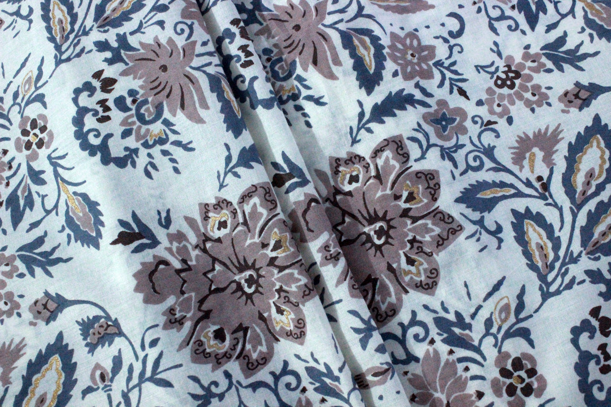 Floral Cotton Fabric: Blue Brown Mughal Hand Block Print