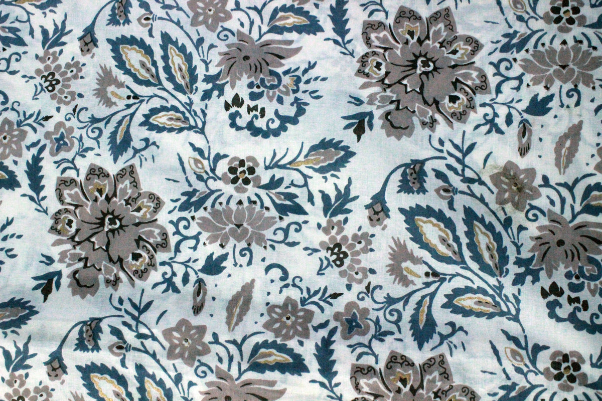 Floral Cotton Fabric: Blue Brown Mughal Hand Block Print