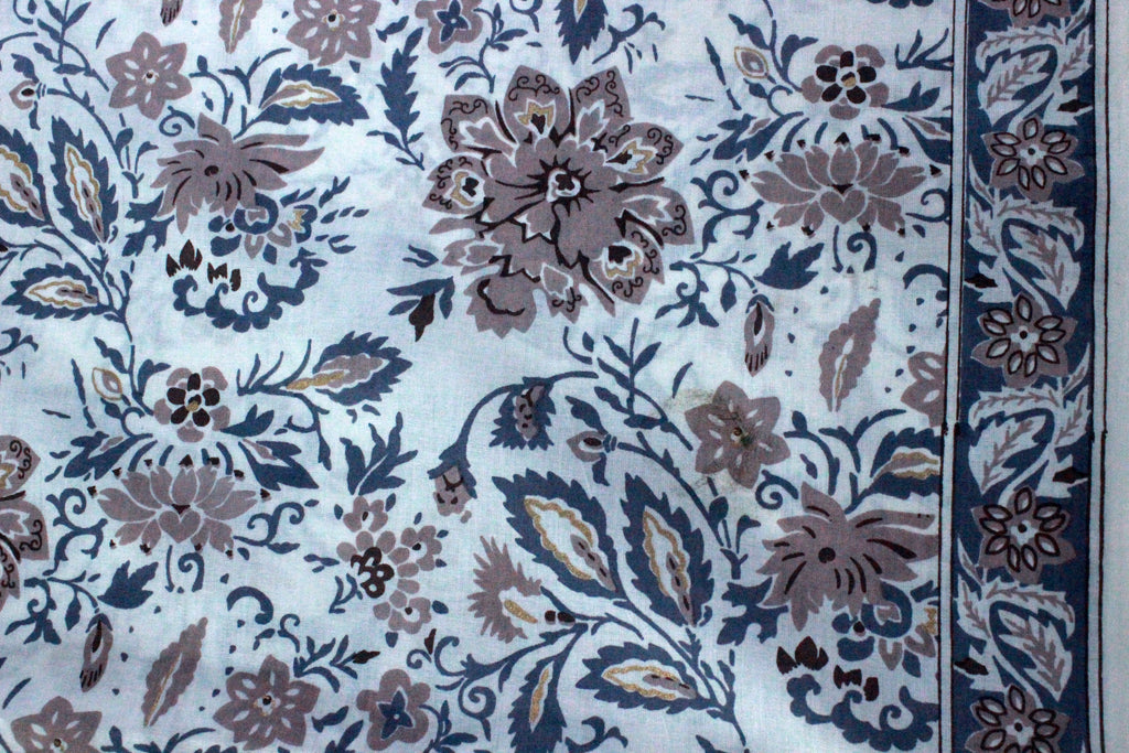Floral Cotton Fabric: Blue Brown Mughal Hand Block Print
