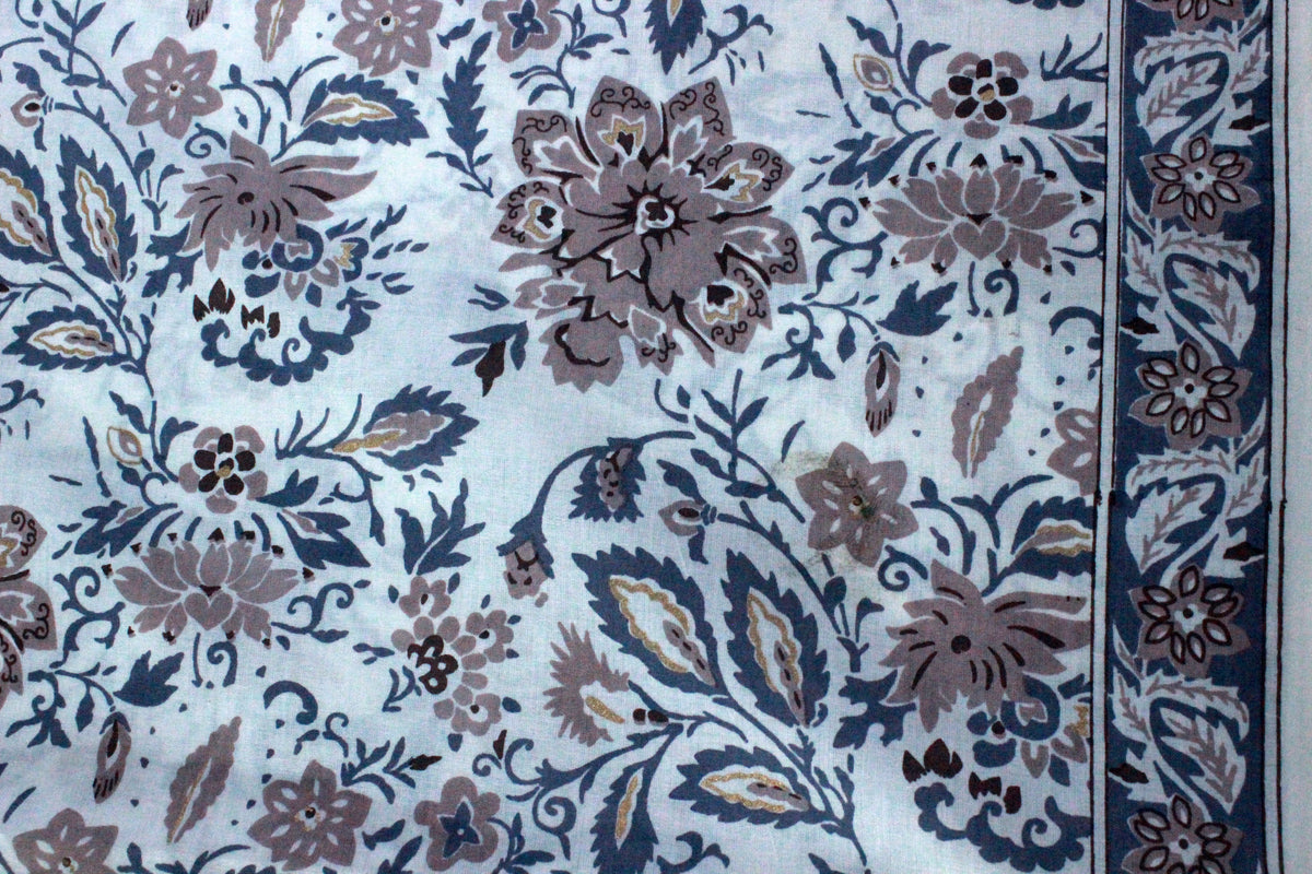 Floral Cotton Fabric: Blue Brown Mughal Hand Block Print