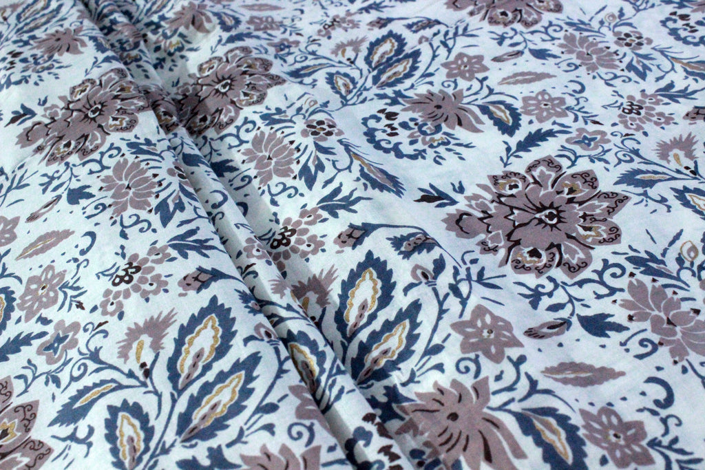 Floral Cotton Fabric: Blue Brown Mughal Hand Block Print