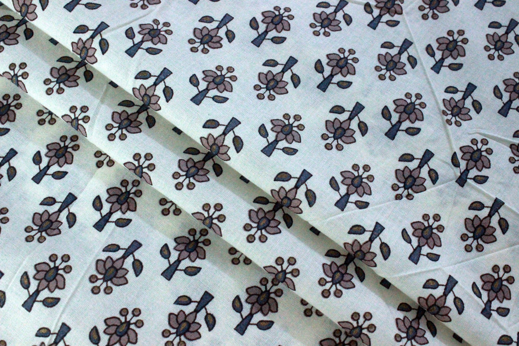 Hand Block Print Cotton Fabric: Blue Brown Floral Indian Fabric