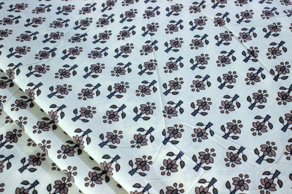 Hand Block Print Cotton Fabric: Blue Brown Floral Indian Fabric